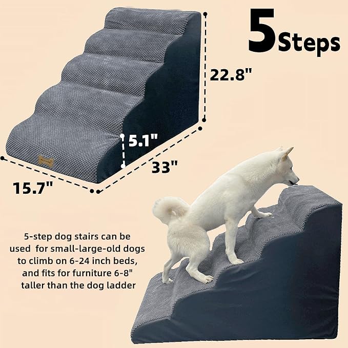 5-Step Dog Stairs for 30 Inch High Beds & 20-30 Inch Couch Bed, Non-Slip Balanced Indoor Pet Ramp Stairs for Small Old Large Dogs Cats to Get on Bed 30D-PurrikoPets