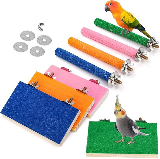 8 Pcs Bird Perch Stand Toy, Colorful Wood Parrot Perch Stand Platform Paw Grinding Stick, Bird Cage Accessories for Budgies,Parakeet,Cockatiel, Lorikeet, Conure-PurrikoPets