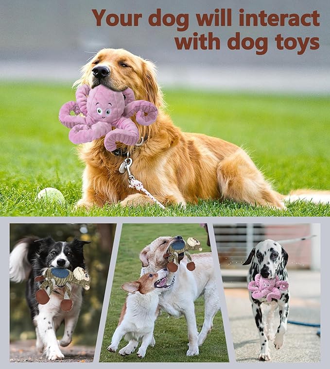 2Pack Dog Toys for Large Dog - Plush Squeaky Medium & Small Dog Toys - Stuffed Animals Puppy Toys - (Monkey+Octopus Pink)-PurrikoPets