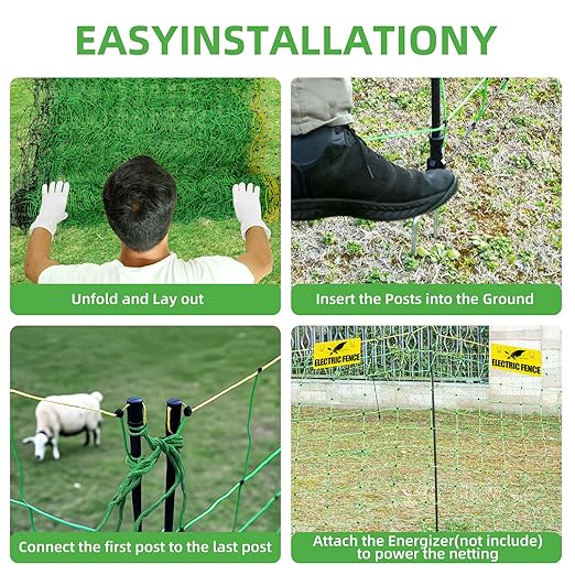 Electric Fence Netting,164'Lx49.6"H, Electric Livestock Netting with 14 Double Barbed Poles, Suitable for Pigs, Cows, Sheep and Other Large Animals, Portable Electric Fence for Farms, Ranches-PurrikoPets