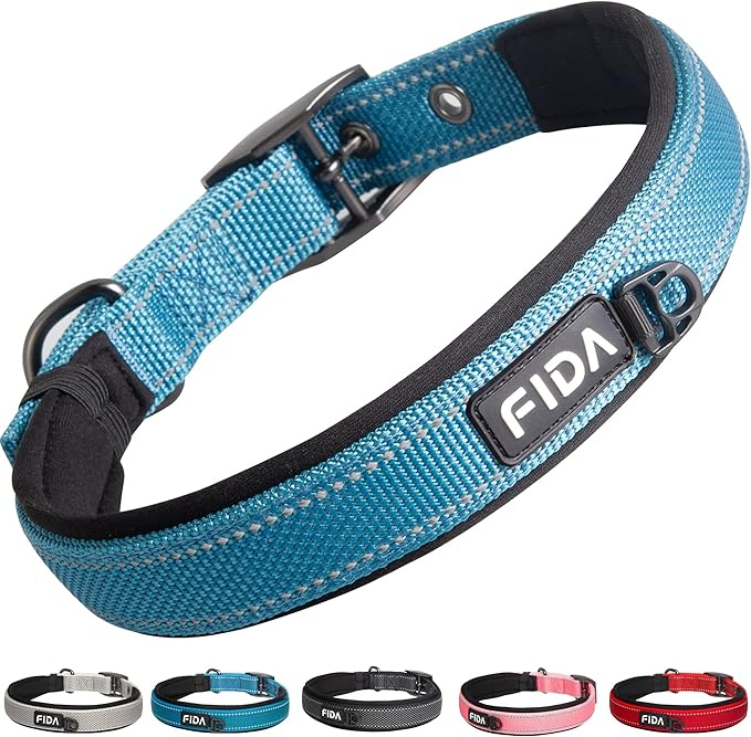 Fida Heavy Duty Dog Collar, Ultra Comfortable Soft Neoprene Padded, Adjustable Reflective Nylon Pet Collar with Durable Metal Belt Buckle for Medium Breeds (M, Blue)-PurrikoPets