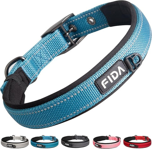 Fida Heavy Duty Dog Collar, Ultra Comfortable Soft Neoprene Padded, Adjustable Reflective Nylon Pet Collar with Durable Metal Belt Buckle for Medium Breeds (M, Blue)-PurrikoPets