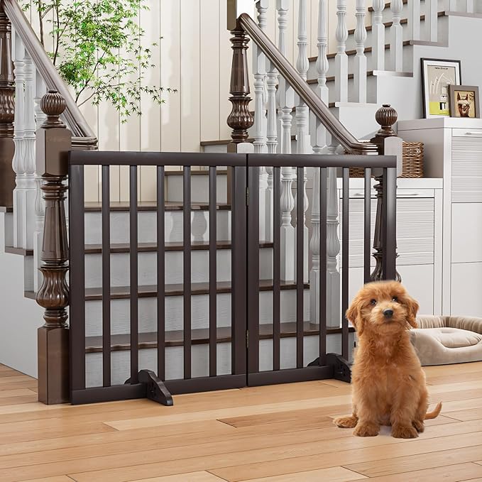 Freestanding Foldable Dog Gate 2 Panel,Fully Assembled Dog Gates for Doorways, Wooden Pet Gates for The House, 24-inch Tall Pet Gate Indoor-PurrikoPets