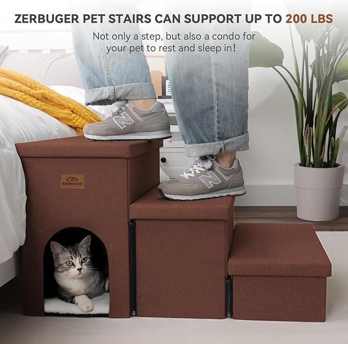 Dog Stairs with Condo 18" H, 3-Step Wider Dog Steps for High Beds Couch, Folding Storage Pet Stairs Gift for Small/Medium/Large Old Dogs Cats, Ramp for Climbing Car Up to 200 lbs, Brown-PurrikoPets