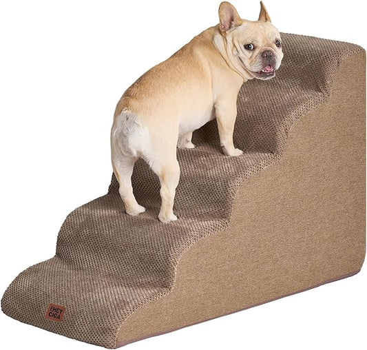 EHEYCIGA Curved Dog Stairs Ramp for High Beds 22.6" H, 5-Step Dog Steps for Small Dogs and Cats, Pet Stairs for High Bed Climbing, Non-Slip Balanced Pet Step Indoor, Camel-PurrikoPets