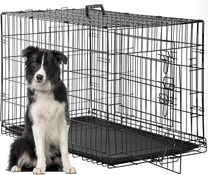 FDW Dog Crate for Large Dogs 48 Inch Folding Metal WirePet Cage Double Door W/Divider Panel Indoor Outdoor Kennel Leak-Proof Plastic Tray,Black-PurrikoPets