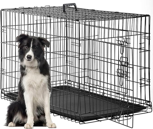 FDW Dog Crate for Large Dogs 48 Inch Folding Metal WirePet Cage Double Door W/Divider Panel Indoor Outdoor Kennel Leak-Proof Plastic Tray,Black-PurrikoPets