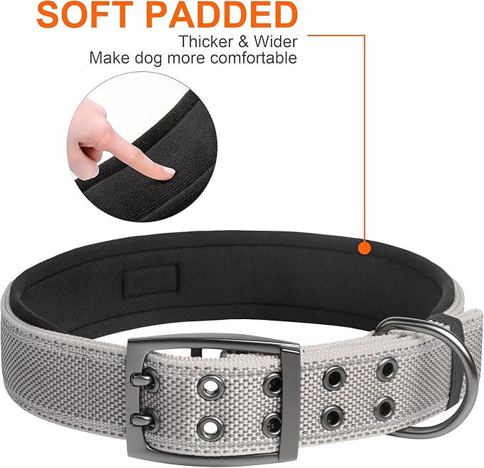 Fida Heavy Duty Dog Collar 1.5” Width, Ultra Soft Neoprene Padded, Adjustable Reflective Nylon Pet Collar with Two Metal Pin Belt Buckle for Large/X-Large Breeds (XL, Grey)-PurrikoPets