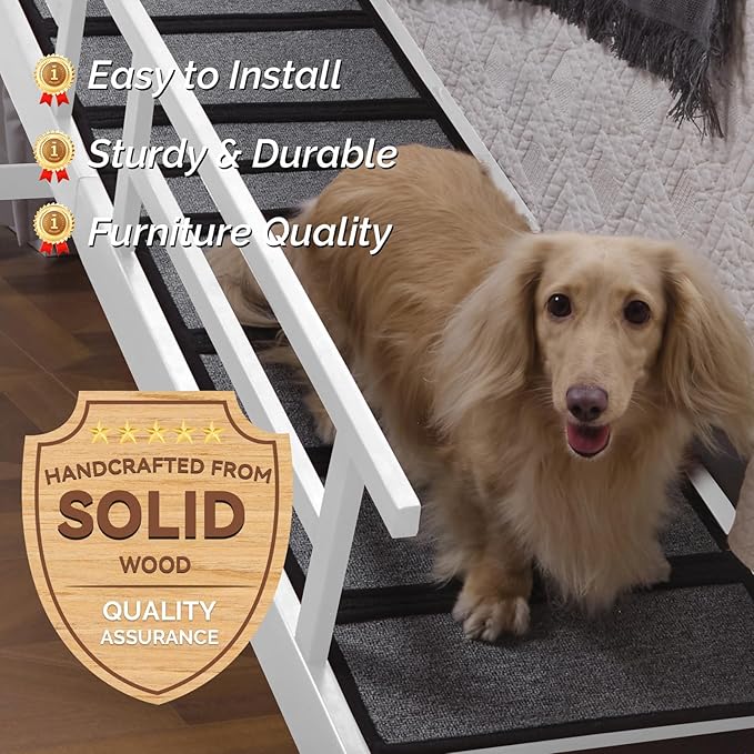 Dog Ramp for Bed or Couch, Wooden Pet Ramp with 20° Gentle Slope, Removable Side Rails, Non-Slip Surface, Top Platform & Wheels, Safe Bed Ramp for Small, Medium & Senior Dogs, 74" Long, White-PurrikoPets