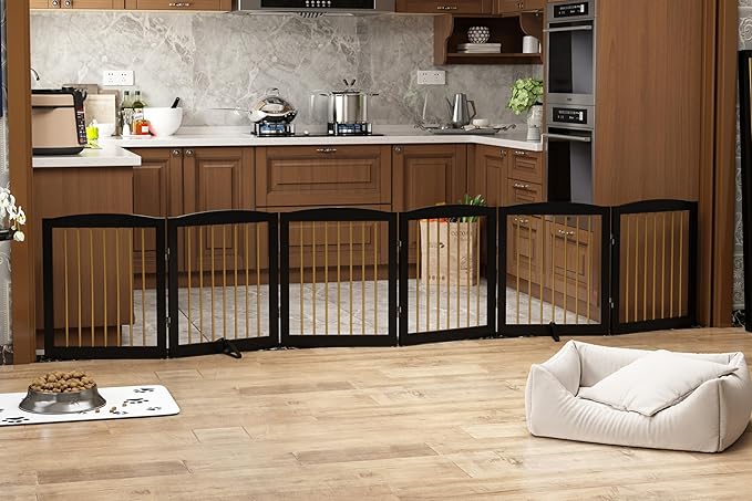 Freestanding Pet Gate for Dogs, Foldable Wooden Dog Gate for House, Extra Wide Indoor Pet Barrier for Stair, Doorway, Hall, Support Feet Included, 120 Inch Wide, 6 Panels 24",Black&Gold-PurrikoPets