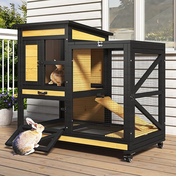 40'' Rabbit Cage Bunny Cage Indoor, Outdoor Rabbit Hutch for Small Animals, 2-Story Wooden Guinea Pig Cages with Wheels & 2 Deeper No Leak Trays, Waterproof Openable Roof & Bottom Wire Mesh-PurrikoPets