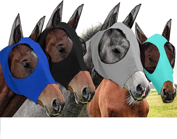Frienda 4 Pcs Horse Fly Masks with Ears Head Fly Masks for Horses Smooth Elastic UV Protection Cover from Summer Insect Pests(Medium,Black, Gray, Blue, Mint Green)-PurrikoPets