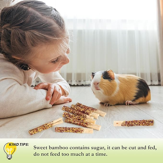 Abizoo Natural Rabbit Chew Toys,10 Sticks Sweet Bamboo Sticks for Rabbits with Petals,Bunny Chew Toys for Guinea Pig,Chinchilla,Hamster Treats Pet Wood Chews Snack Healthy Small Animals Toys for Teeth-PurrikoPets