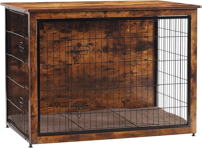 DWANTON Dog Crate Furniture with Cushion, Wooden Kennel Table with Double Doors, Indoor Dog House, Extra Large Size, 43.3" L, Rustic Brown-PurrikoPets