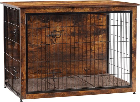 DWANTON Dog Crate Furniture with Cushion, Wooden Kennel Table with Double Doors, Indoor Dog House, Extra Large Size, 43.3" L, Rustic Brown-PurrikoPets