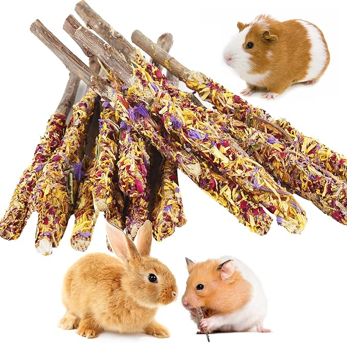 Abizoo Bunny Chew Toys for Rabbits,18PCS Natural Apple Wood Sticks with Petals Good for Chinchillas Guinea Pig Hamster Teeth Care, Bunny Small Pet Treats Teething Toys| Natural Organic Safe-PurrikoPets