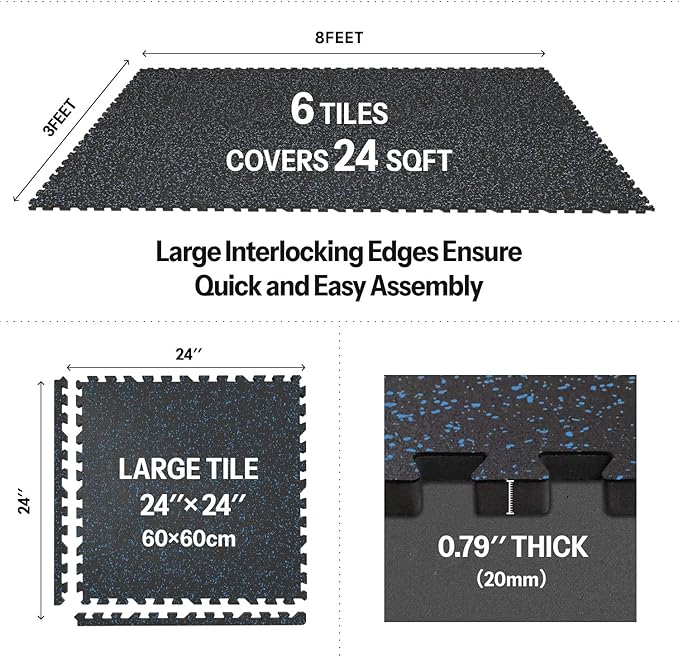 AIRHOP 0.79in Thick 24 Sq Ft Exercise Equipment Mats, 6 Tiles Upgraded Rubber Top with High Density EVA Foam, Large Interlocking Puzzle Gym Flooring for Home Gym, Heavy Weight Workout,Black & Blue-PurrikoPets