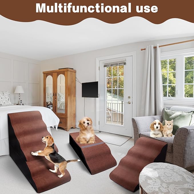 Dog Steps for High Beds 30-32" H - 6-Step Dog Stairs for Small Dogs, 33D Foam Pet Steps for High Bed with Non-Slip Bottom and Washable Cover, Dogs Ramp for Bed Indoor, Brown-PurrikoPets