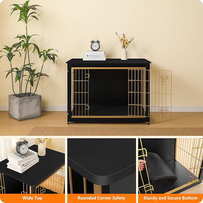 DWANTON Dog Crate Furniture with Cushion, Wooden Kennel Table with Double Doors, Indoor Dog House, Large Size, 38.5" L, Black+Gold-PurrikoPets