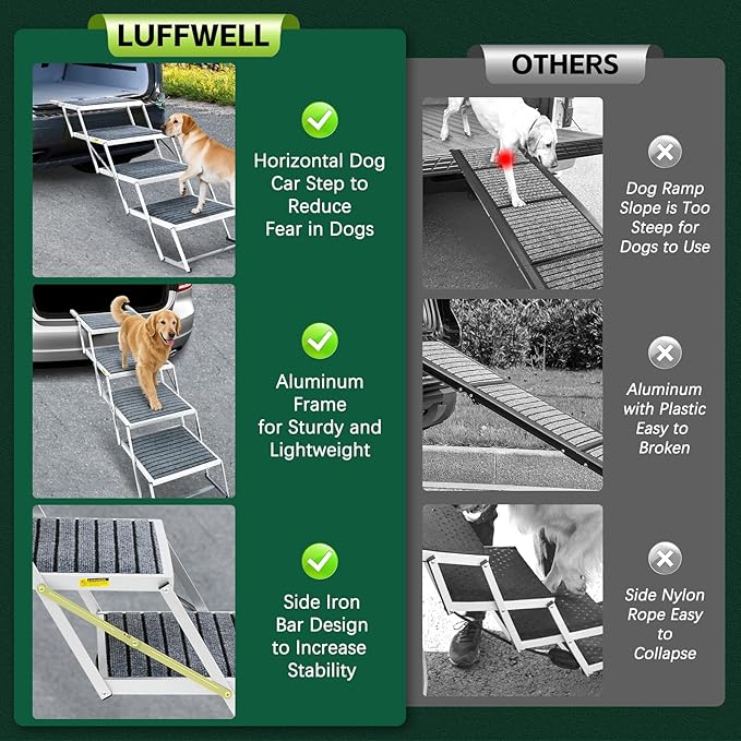 Dog Stairs for Car, Extra Wide Stairs for Large Dogs, Pet Steps Aluminum Foldable Dog Steps for Cars and SUV, High Beds, Trucks, Supports up to 200 lbs (Extra Wide-4 Steps)-PurrikoPets