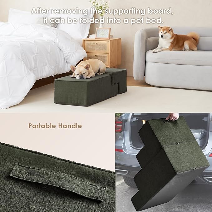 EHEYCIGA Dog Stairs for Bed 20" H, 4-Step Extra Wide Dog Steps for High Bed, Pet Steps for Small Dogs and Cats, Non-Slip Balanced Pet Ramp Indoor, Olive Green-PurrikoPets
