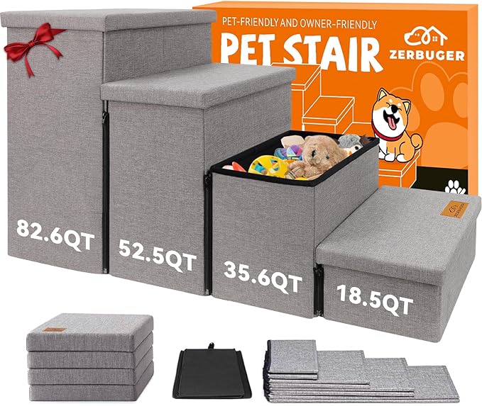 Dog Stairs with Storage 23" H, 4-Step Wider Dog Steps for High Beds Window, Folding Sturdy Pet Stairs Gift for Injured Old Dogs Cats, Ramp for Climbing Car Up to 200 lbs,(Gray, No Condo)-PurrikoPets