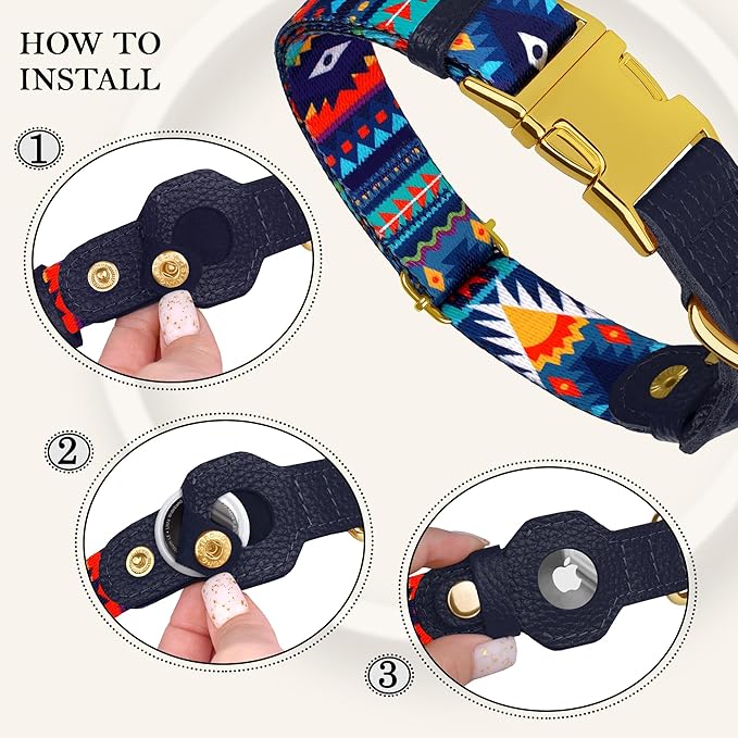AirTag Dog Collar for Small Medium Large Breed - Adjustable Cute Pattern Dog Collar with Airtag Holder - Soft Leather Tracker GPS Apple Air Tag Pet Collars (X-Small, 9"-12" Neck Fit, Navajo)-PurrikoPets