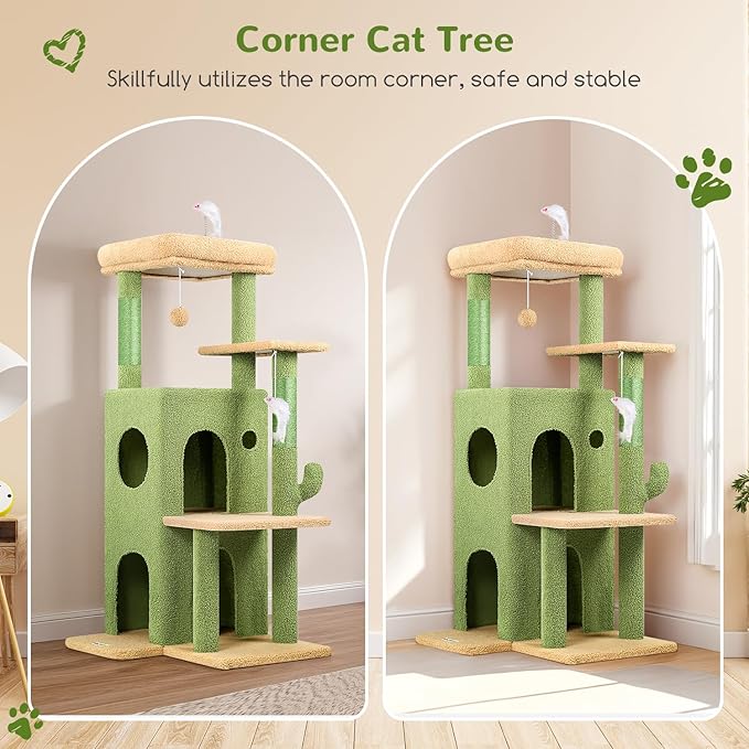 Globlazer Cactus Cat Tree Tower for Indoor Cats, 50-inch Adult Cat Tree House for Large Adult Cats with Steps, Scratching Post, 2 Cat Caves, Dangling Toys, FC50, Green-PurrikoPets