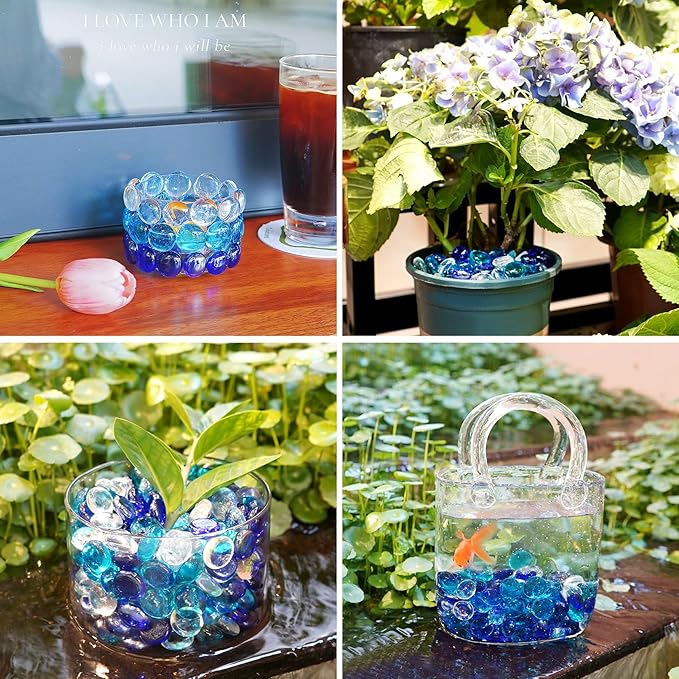 1LB Blue Mix Flat Glass Marbles for Vases, Mancala Stones Gemstone Beads Vase Filler Decorative Glass Pebbles for Fish Tank, DIY Crafts, Aquarium Decor Rocks-PurrikoPets