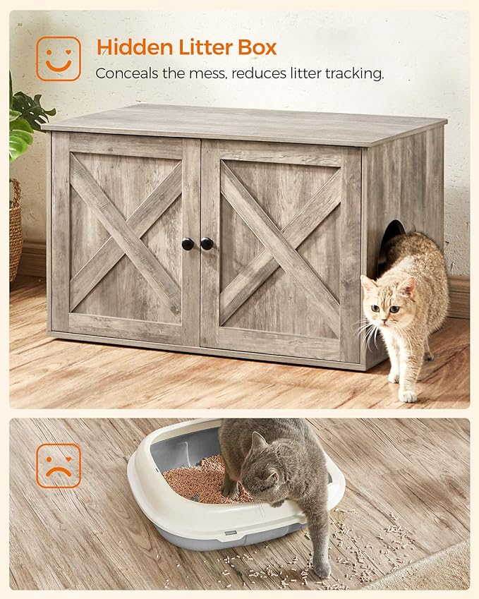 Feandrea Cat Litter Box Enclosure, Litter Box Furniture Hidden with Removable Divider, Indoor Cat House, End Table, 31.5 x 20.9 x 19.7 Inches, Greige UPCL002G01-PurrikoPets