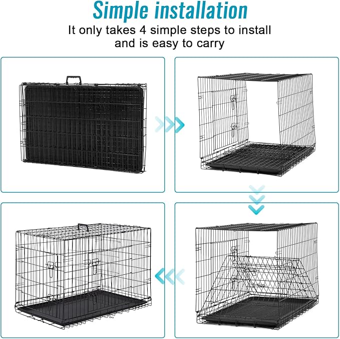 FDW Dog Crate for Small Dogs 24 Inch Folding Metal WirePet Cage Double Door W/Divider Panel Indoor Outdoor Kennel Leak-Proof Plastic Tray,Black-PurrikoPets