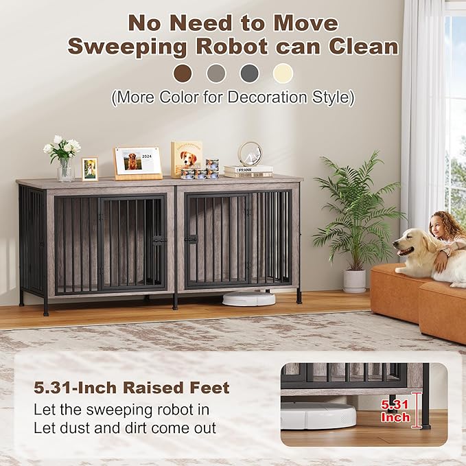 EasyCom 78 Inch Dog Cage Furniture for 2 Pets with Divider, XXL Wooden Double Dog Crate Furniture TV Stand for Mideum and Large Breed, Durable and Sturdy-PurrikoPets