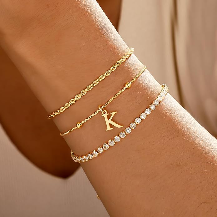 Valentines Day Gifts for Her Kids - Dainty Gold Bracelets for Women Personalized Gold/Silver Initial Bracelet Stack Stackable Rope Box Chain Tennis Bracelets for Girls Jewelry Set
