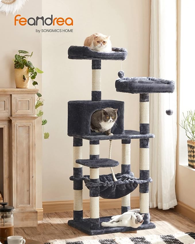 FEANDREA Cat Tree, Cat Tower for Indoor Cats, 56.3-Inch Cat Condo with Scratching Posts, Hammock, Plush Perch, Smoky Gray UPCT15GYZ-PurrikoPets
