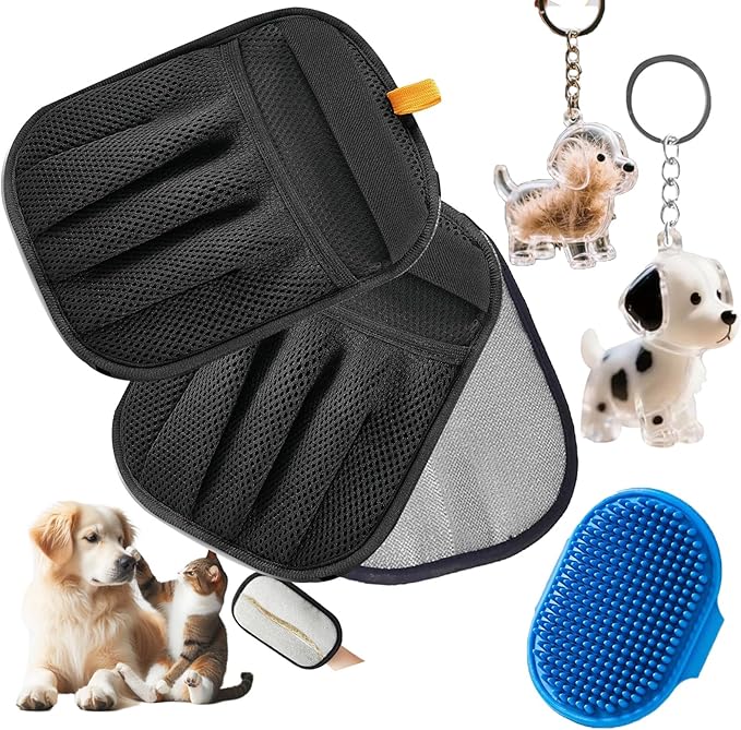 2Pcs Five-Finger Pet Hair Removal Glove for Dogs,Reusable Cat Grooming Gloves,Pet Hair Collector Keychain,Electrostatic Pet Hair Removal Tool for Furniture,Car,Couch,Carpet,Essential Pet Supplies-PurrikoPets
