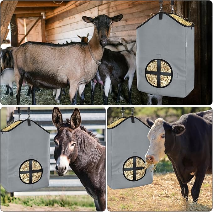 3 PCS Goat Hay Feeder,Hay Bags for Horses,Goats,Donkeys with Reinforced Oxford Fabric and High Strength Metal Clasp,Horse Feeding Supplies with Adjustable Strap for Easy Hanging (2Grey+1Black)-PurrikoPets