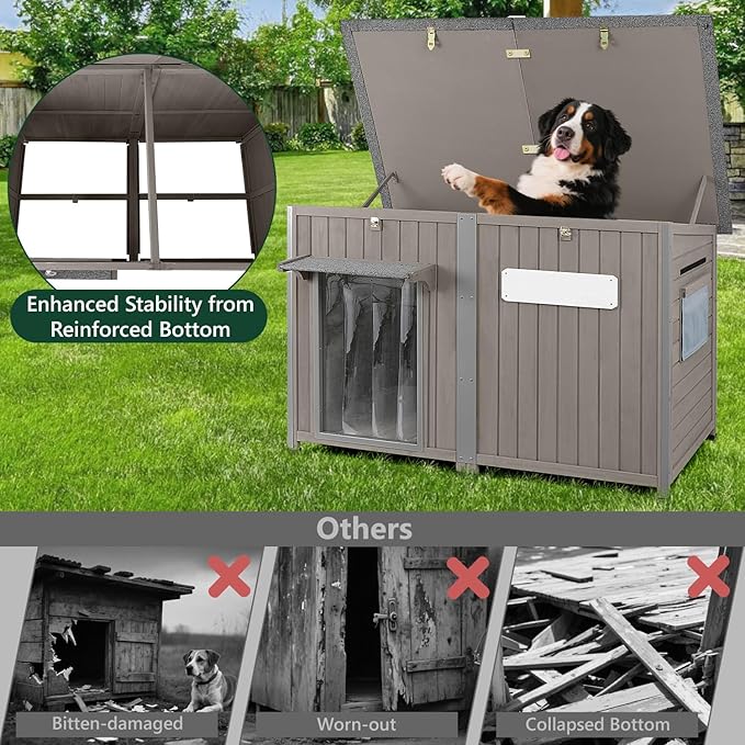55" Extra Large Outdoor Dog House Weatherproof Wooden Doghouse Indoor for Large Breed Dogs with Anti Bite Frames with Window,10 Elevated Feet, Reinforced Bottom for Pet Up to 220LBS-PurrikoPets