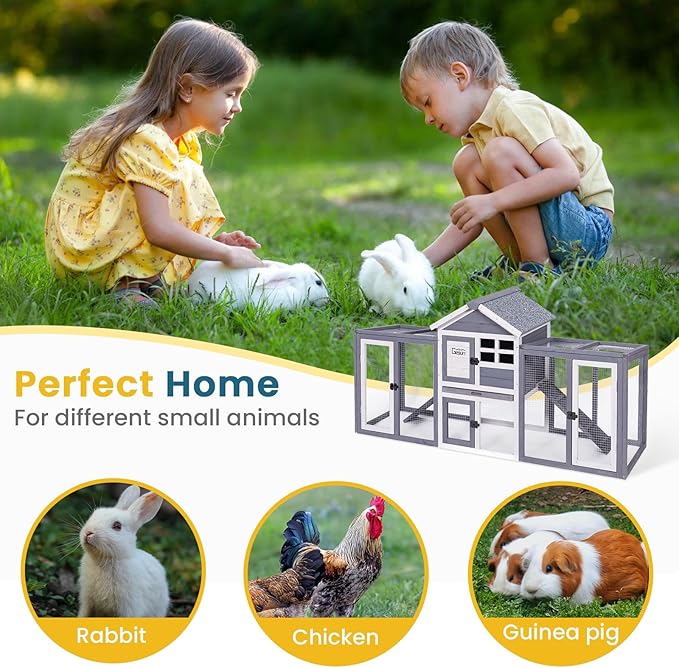 GEGURI Wooden Rabbit Hutch, Indoor Outdoor Chicken Coop Bunny Cage with Waterproof Roof-PurrikoPets