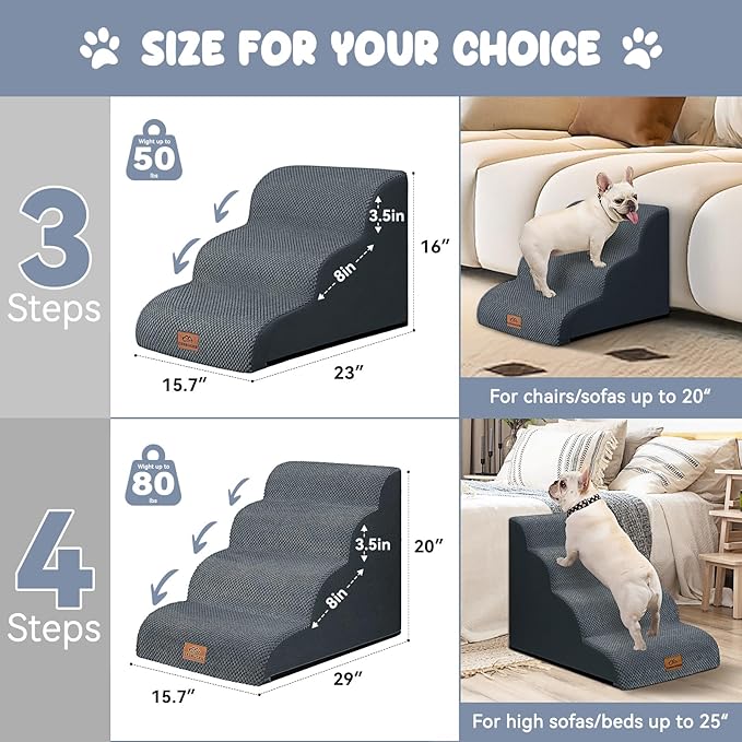 Dog Ramp and Stair for Bed 16" H-20 H,3-Step Cat Stair for Sofa and Chair,4-Step Dog Ramp for High Bed and Window,Durable Nonslip Fabric Cover for Indoor (Dark Grey-20 H, Pet Friendly, 4)-PurrikoPets