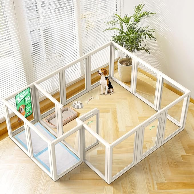 FXW AuraSpace Acrylic Indoor Unleashed Dog Playpen for Medium Dogs, 35 Inch, 16 Panels, White-PurrikoPets
