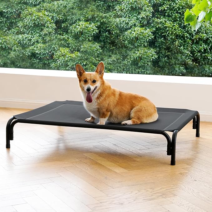 Elevated Dog Bed Raised Outdoor Dog Cot for Medium Dogs, Installation Requires No Tools, Frame with Washable Cooling Breathable Mesh Anti-Slip Feet, Indoor Pet Bed, Black, 35.4 Inches-PurrikoPets