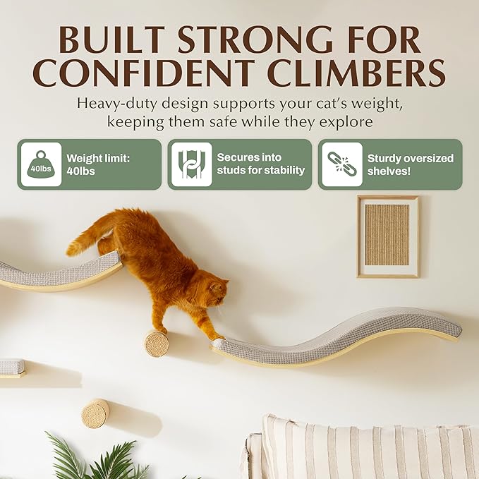 Extra Large 35.4” × 11.6” Stylish Cat Wall Shelves with Soft Cushion, Modern Wall-Mounted Cat Tree Furniture & Perch, Sturdy/Hidden Mounts, Machine Wash Cover, Sleek Design- CALLICO HAVEN Wave S-Shape-PurrikoPets