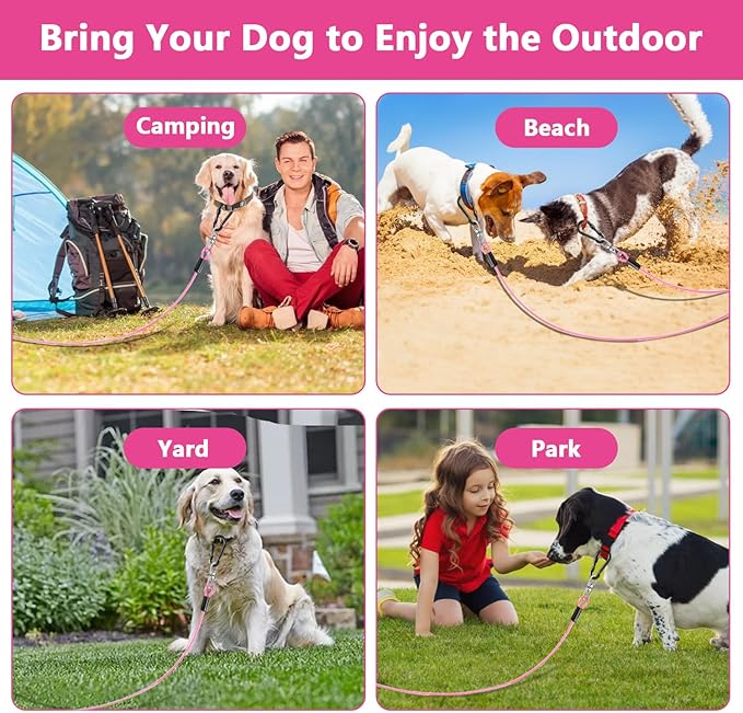 Dog Tie Out Cable 15FT-500Lbs,Heavy Duty Dog Leads&Tether for Yard with Swivel Hook,Small Large Dogs Leash Line for Outside,Rust Chew Proof Dogs Run Cable for Outdoor Camping (Pink, 15FT)-PurrikoPets