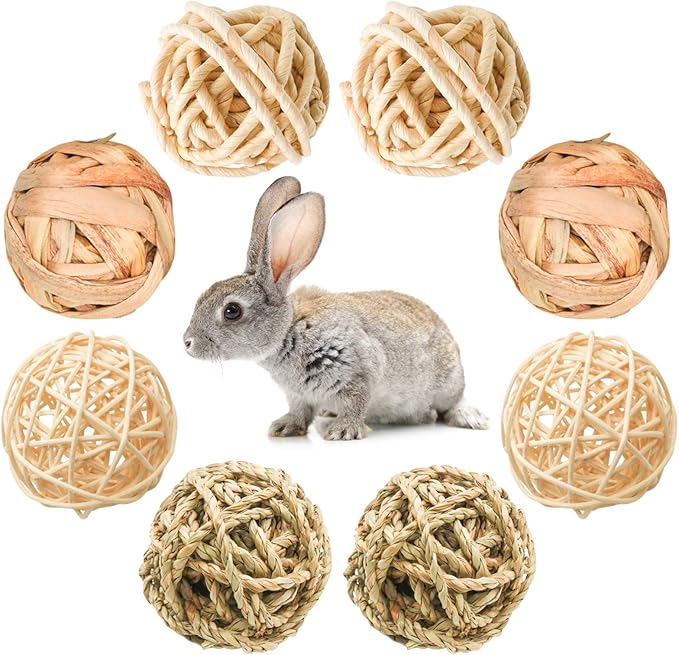 8 Pcs Small Animals Play Balls Rolling Activity Chew Toys Gnawing Treats for Rabbits Guinea Pigs Chinchilla Bunny Natural Balls, Pet Cage Entertainment Accessories (8Pcs)-PurrikoPets