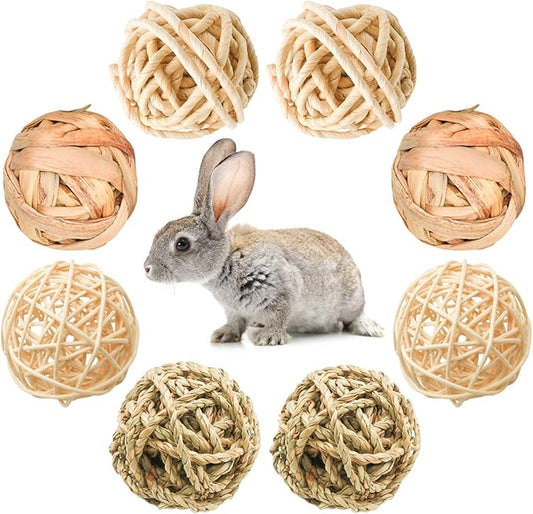 8 Pcs Small Animals Play Balls Rolling Activity Chew Toys Gnawing Treats for Rabbits Guinea Pigs Chinchilla Bunny Natural Balls, Pet Cage Entertainment Accessories (8Pcs)-PurrikoPets