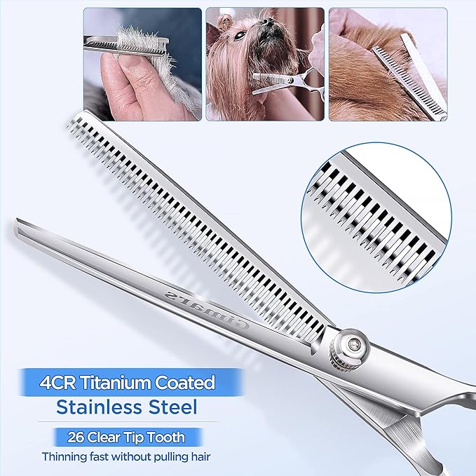 Gimars 7.0in Professional 4CR Stainless Steel Safety Round Tip 6 in 1 Dog Grooming Scissors Heavy Duty Titanium Coated Pet Grooming Scissor for Dogs, Cats and Other Animals-PurrikoPets