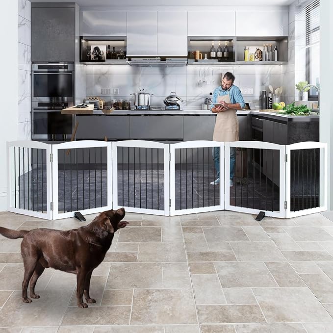 Freestanding Panel Dog Gate for Indoor Doorways, Stairs, or Hallways, Foldable Wooden Pet Gate, Support Feet Included, 24" Height-6 Panels, White-PurrikoPets