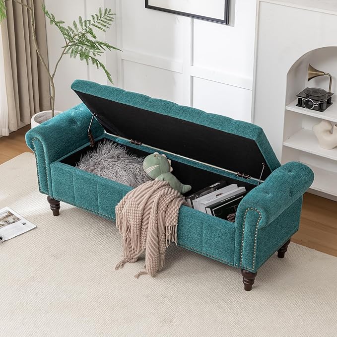 58’’ Storage Bench for Bedroom, Upholstered Button-Tufted Ottoman with Solid Wood Legs, Queen Size End of Bed Shoe Cabinet, Window Seat Foot Rest Stool for Entryway, Living Room (Teal)-PurrikoPets