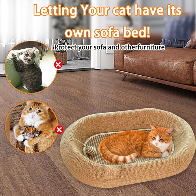 3-in-1 Sisal Scratching Board Bed, for Indoor Cats, Large Oval Cat Scratching Board, Toys for Playing and Nursing Paws (24x15x5 inches) (Large Size, Cat Bed - with Cooling Pad)-PurrikoPets