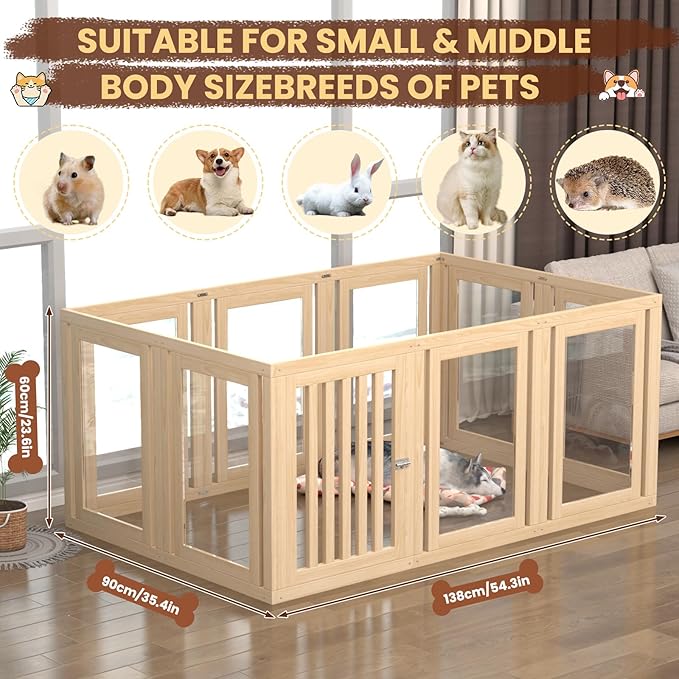 10 Panels Dog Playpen with Door, 23.6" H Pet Playpen Indoor, Clear Acrylic Puppy Playpens, Wooden Puppy Fence with Gate, Transparent Dog Pens, Pet Pen Indoor for Dogs, Cats, Rabbit (Wood)-PurrikoPets